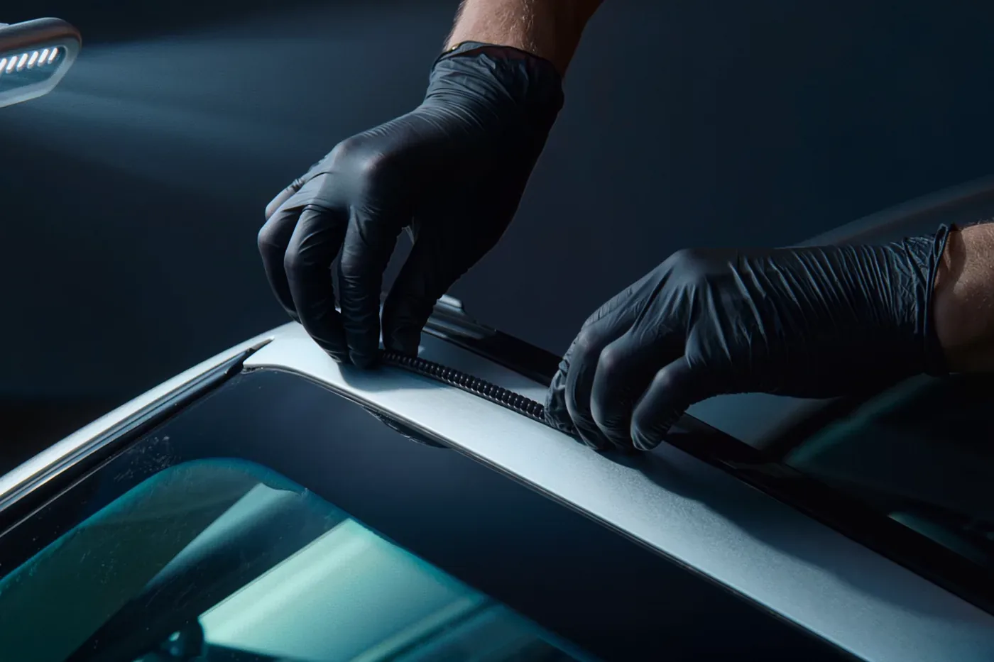 Gloved hands pressing the molding down along the top edge of a freshly set windshield